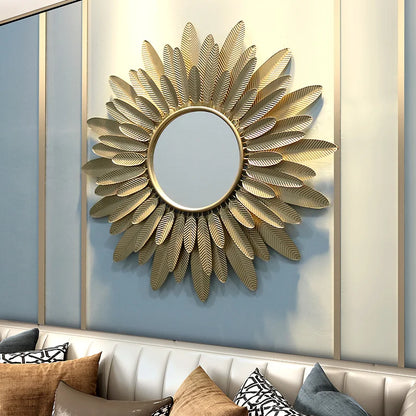 Large Gold Metal Frame Wall Art Mirror – Modern Feather Design Decorative Mirror for Living Room