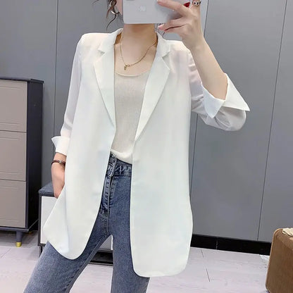 New Women’s Spring & Summer Chiffon Suit Cardigan – Seven Sleeve, Mid-Long Lapel V-Neck Casual Loose Jacket Maribel