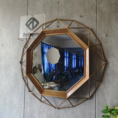 Large Octagonal Wrought Iron Wall Mirror – Metal Hanging Hook Decorative Art for Living Room and Home Decor