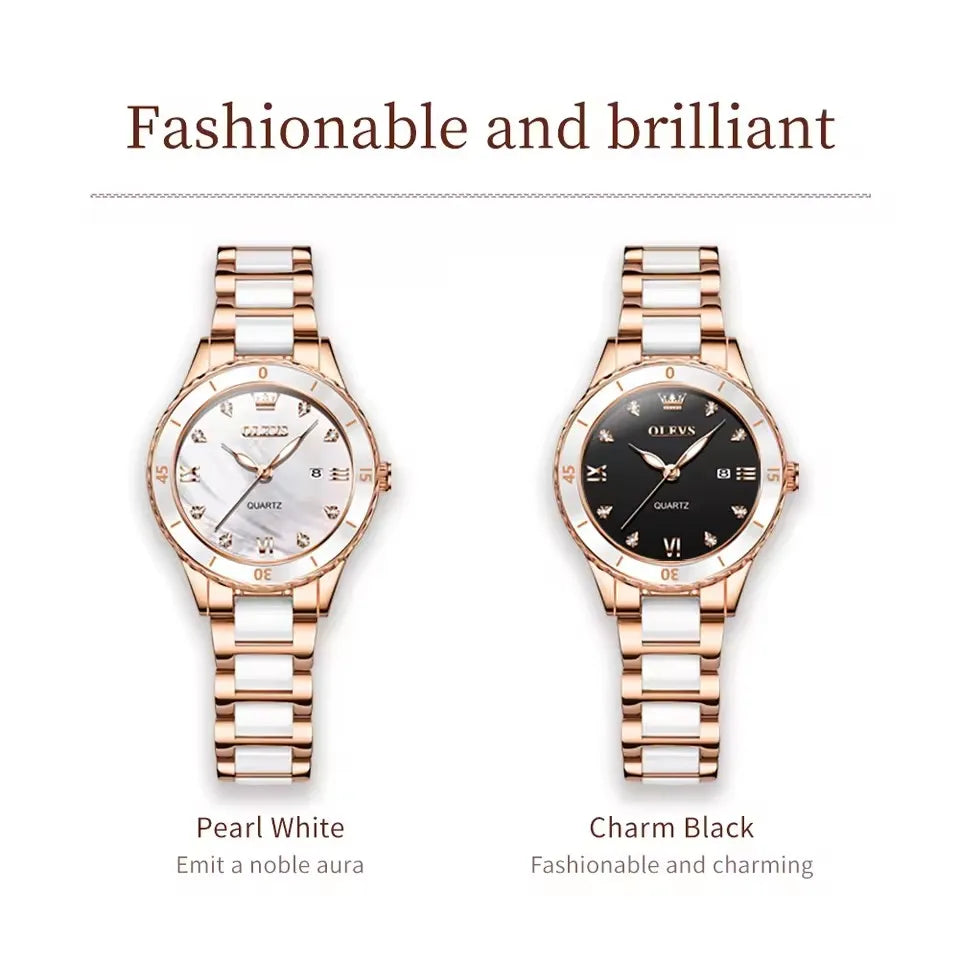 OLEVS 9985 Women’s Quartz Wristwatch – Original Brand Luxury Ceramic & Stainless Steel Waterproof Ladies Watch, Elegant Female Gift (Reloj / Montre Femme)