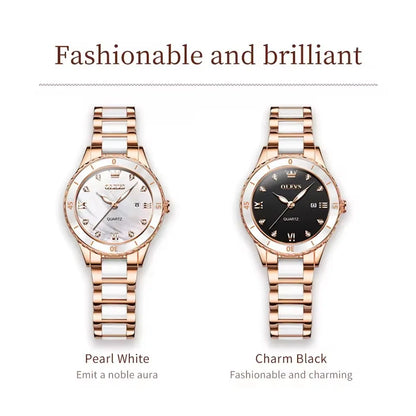 OLEVS 9985 Women’s Quartz Wristwatch – Original Brand Luxury Ceramic & Stainless Steel Waterproof Ladies Watch, Elegant Female Gift (Reloj / Montre Femme)