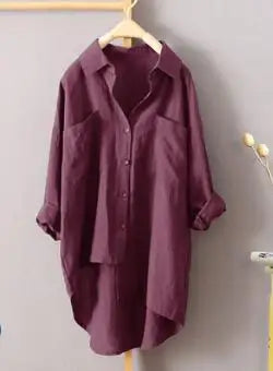 Women Long Sleeve Cotton Linen Loose Shirts Lapel Collar Pockets Solid Color Single Breasted Button Blouse