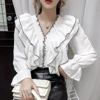 Women's Ruffle Pleated Chiffon Blouse – Court Style, Solid Color, Flare Long Sleeve Casual Top