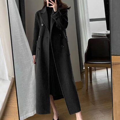 Women's Long Wool Coat – Elegant Solid Color Lapel V-Neck Midi Overcoat Victoria