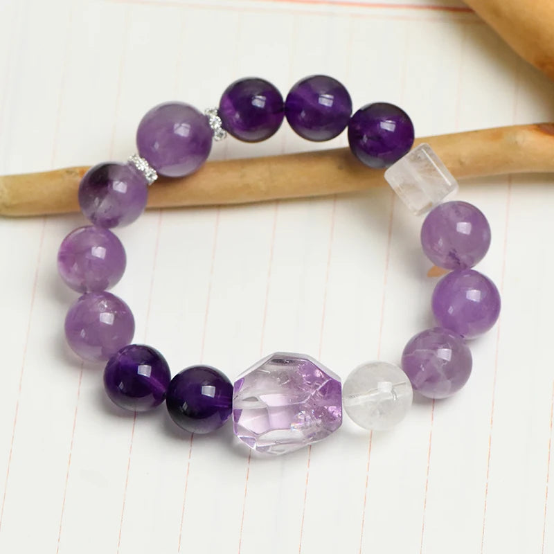 Natural Clear Quartz & Amethyst Crystal Beaded Bracelet (12mm) – Elegant Spiritual Jewelry for Mental Clarity & Intuition Enhancement