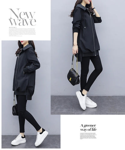 Women's Black Hooded Windbreaker – Mid-Length Casual Korean Style Coat for Spring and Autumn Lyra