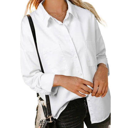 Women Denim Shirt Loose Double Pocket Long Pure Color Sleeve Versatile Shirt