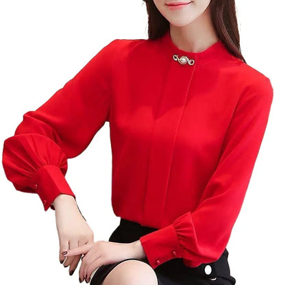 Women's Long Sleeve Chiffon Blouse – Solid Color Formal Loose-Fit Button-Up Shirt Maya