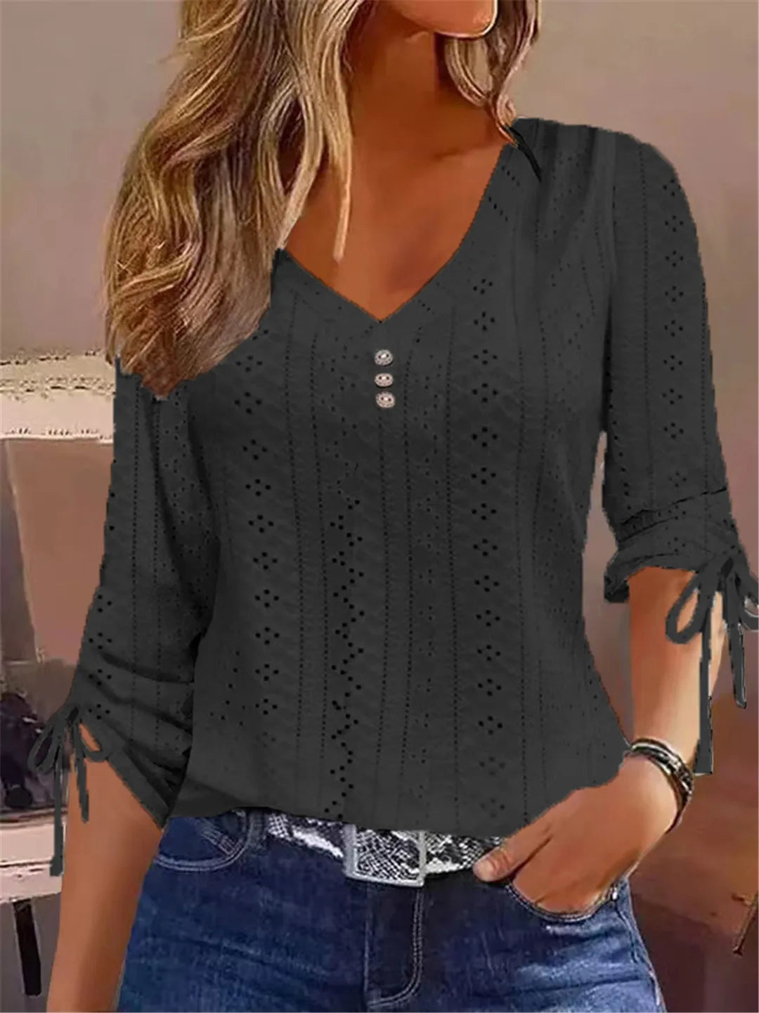 Autumn/Winter Solid Color Jacquard V-Neck Button-Up Long-Sleeve Top