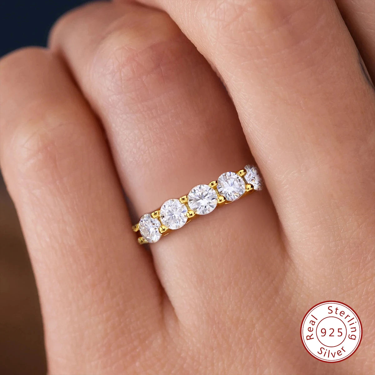 925 Sterling Silver 18K Gold Plated Moissanite Ring – 5-Stone 0.3ct Diamond Tennis Eternity Band for Engagement | Fine Jewelry Judith