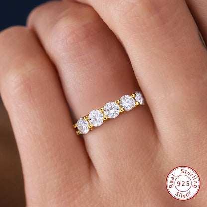 925 Sterling Silver 18K Gold Plated Moissanite Ring – 5-Stone 0.3ct Diamond Tennis Eternity Band for Engagement | Fine Jewelry Judith