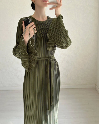 Women's Knitted Lace-Up Dress | Elegant Solid Stripe Design, Long Sleeve O-Neck Casual Spring Dress Yasmin