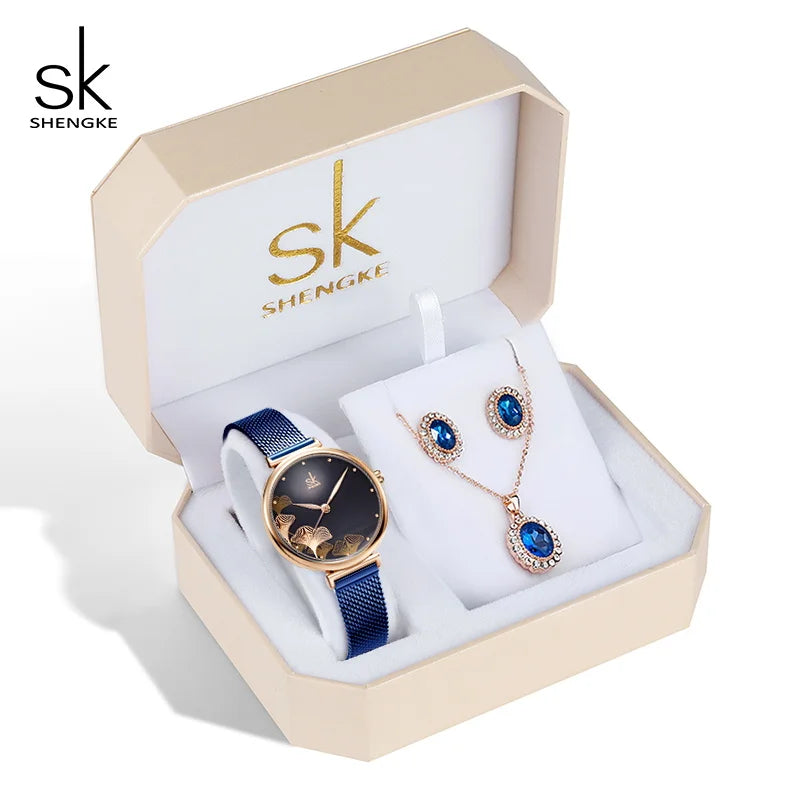 SHENGKE Luxury Blue Women’s Watch Gift Set – Jewelry Collection with Necklace & Earrings Olivia