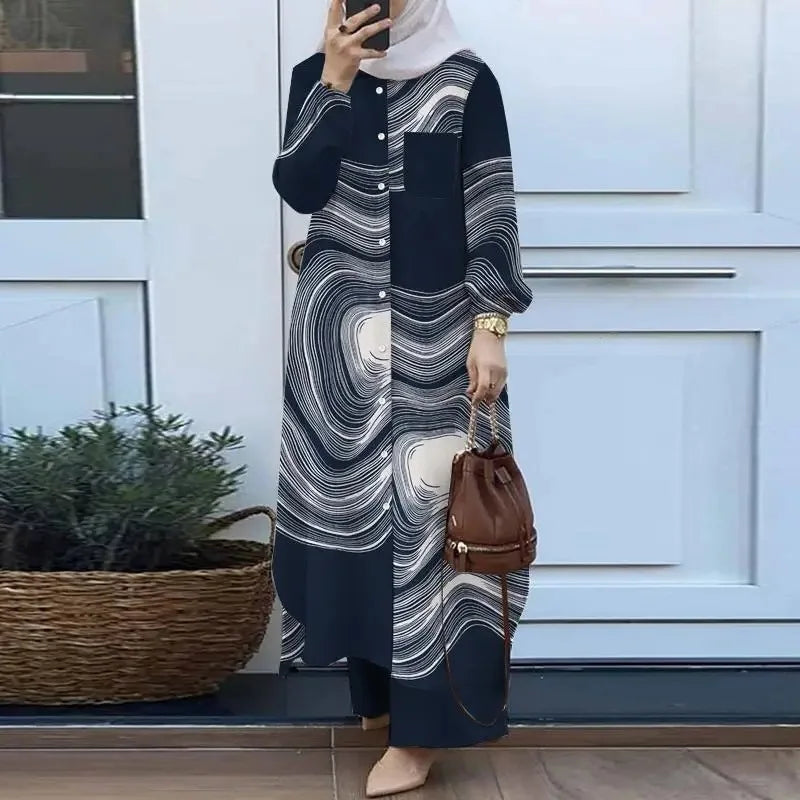 Muslim Women's Arabic Style Two-Piece Outfit – Long-Sleeve Shirt and Trousers Set for Modest Fashion Hiba