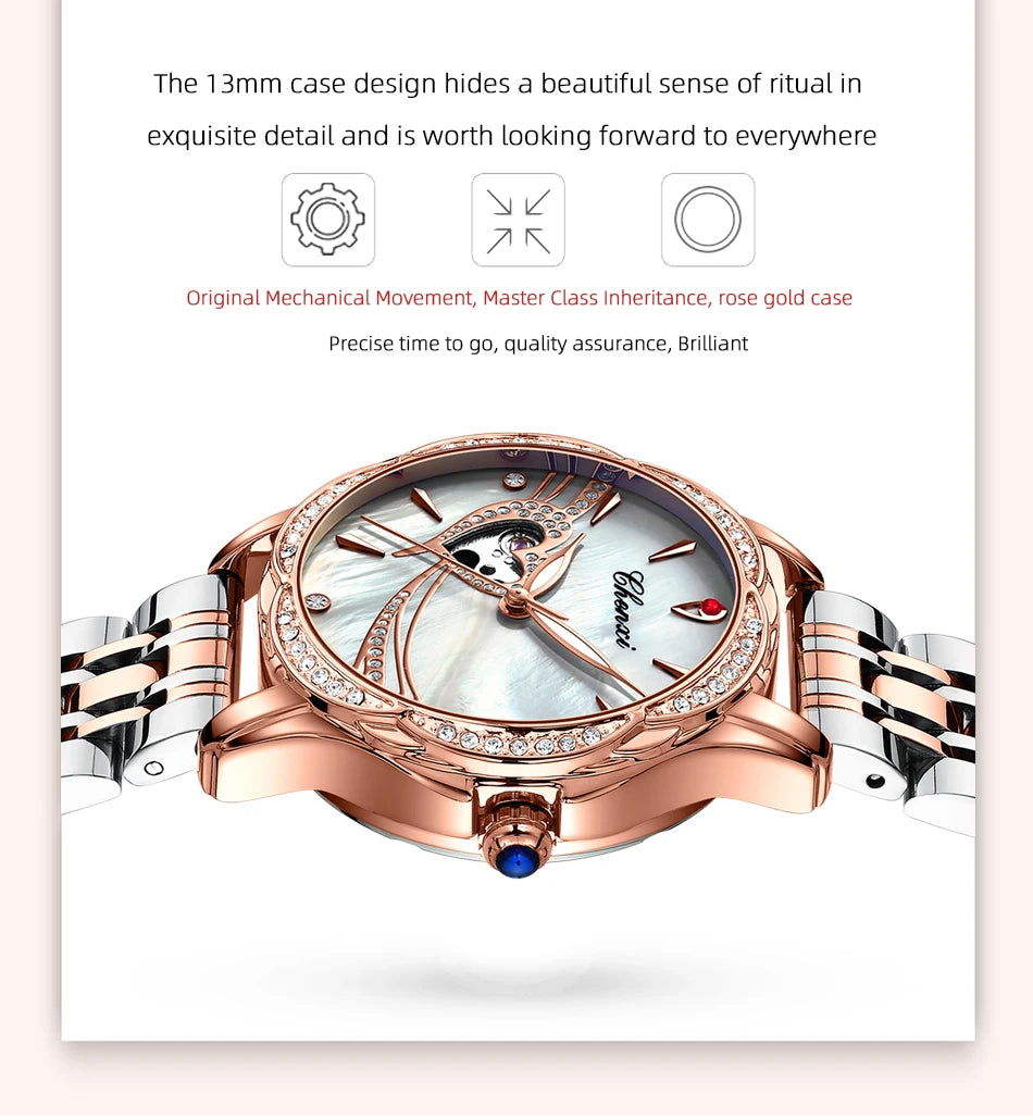 CHENXI 8837 Women's Luxury Diamond Skeleton Watch - Automatic Mechanical Stainless Steel Waterproof Timepiece