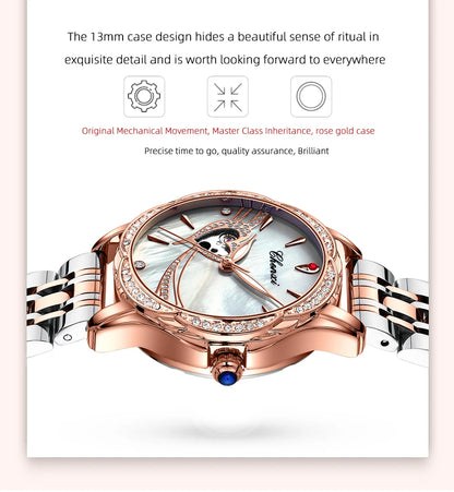 CHENXI 8837 Women's Luxury Diamond Skeleton Watch - Automatic Mechanical Stainless Steel Waterproof Timepiece
