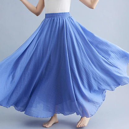 Women Loose Cotton Linen Elastic Waist A-line Solid Color Pleated Skirt