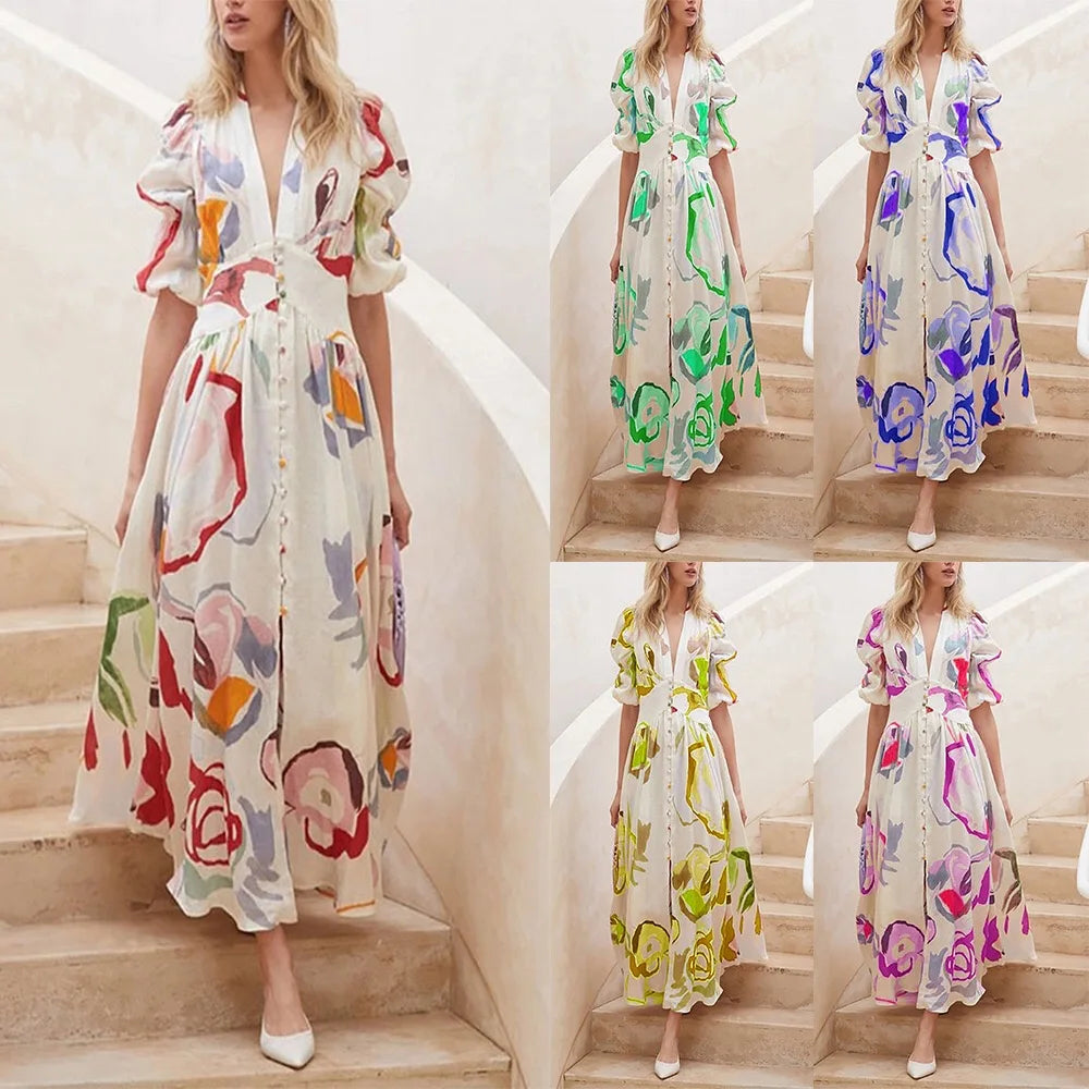 Women Summer Casual Chiffon Floral Print V Neck A-line Maxi Long Beach Women Elegant Dress