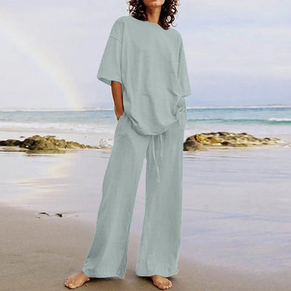 Spring & Summer Women's Cotton Linen 2-Piece Set – Casual High-Quality Half Sleeve O-Neck Top with Wide-Leg Pants