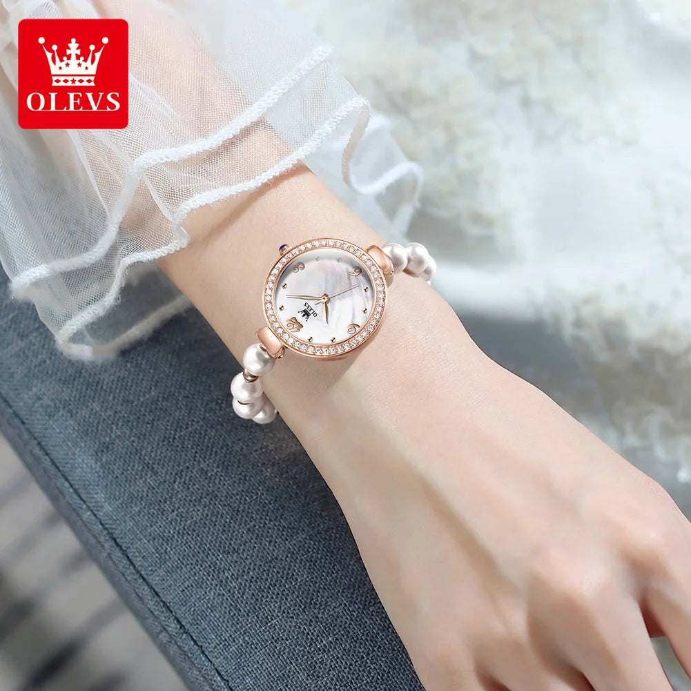 OLEVS 9968 Women's Luxury Leather Wristwatch – Quartz Bracelet Watch with Diamond Accents and Pearl Winding Mélusine