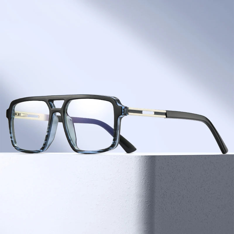 Men's Large Square Frame Glasses – TR90 + Metal Blue Light Blocking Double Bridge Eyewear