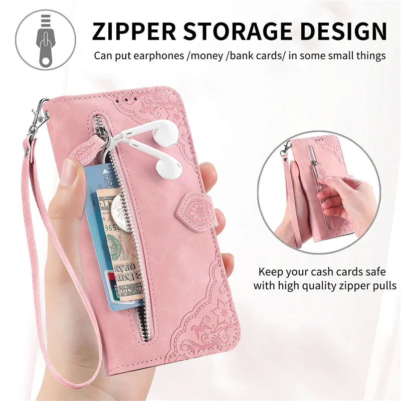 Luxury PU Leather Wallet Phone Case | Zipper Card Holder with Butterfly Flower Design & Strap for iPhone 16, 15, 14 Pro and Samsung