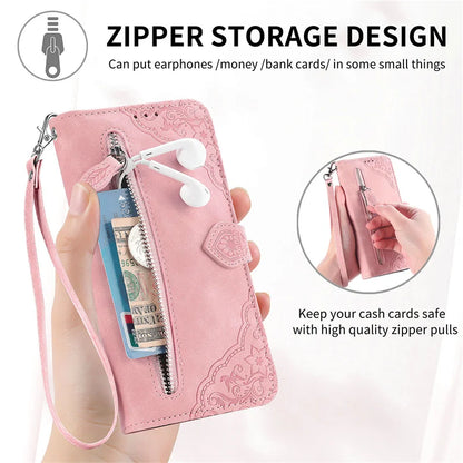 Luxury PU Leather Wallet Phone Case | Zipper Card Holder with Butterfly Flower Design & Strap for iPhone 16, 15, 14 Pro and Samsung