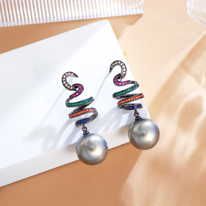 Elegant Multicolor Cubic Zirconia Dangle Earrings for Women – Geometric Design with Simulated Grey Pearls, Perfect for Weddings & Parties Ophelia