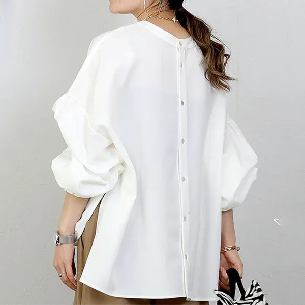 Women Blouse Round Neck Long Sleeve Slit Lantern Sleeve