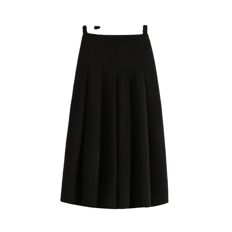 High Waist A-line Pleated Skirt Solid Color Loose Mid Long Style Elegant Casual Skirt