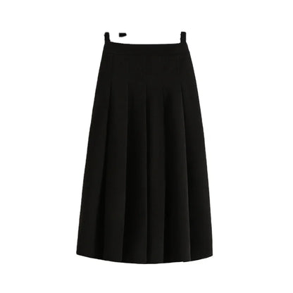 High Waist A-line Pleated Skirt Solid Color Loose Mid Long Style Elegant Casual Skirt