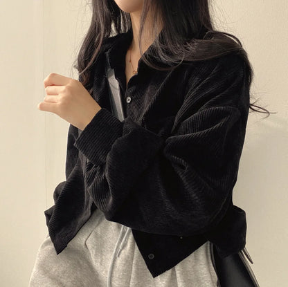 Women's Elegant Corduroy Jacket - Single-Breasted Casual Coat with Turn-Down Collar and Short Lantern Sleeves Celeste