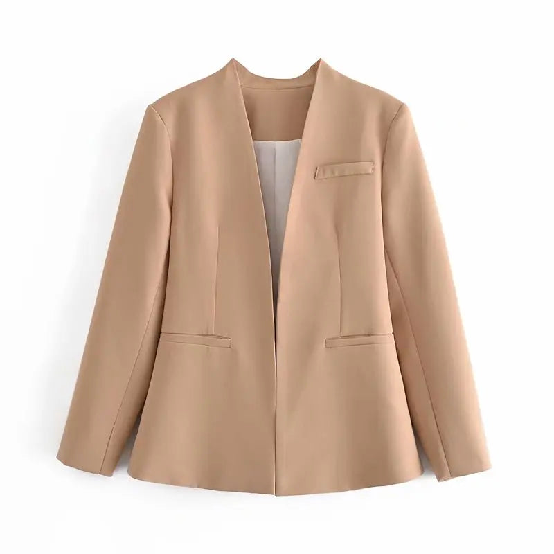 Women's Casual Long Sleeve Suit Jacket - All-Match Lapel-Free Blazer with Shoulder Pads Clemence