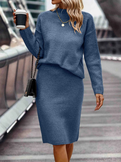 Women's Elegant 2-Piece Knitted Skirt Suit - Loose Fit Split Design with Casual Print for Autumn, Spring, and Winter Fidelia