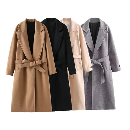 Elegant Long Sleeve Fall Overcoat – Women's Belted Vintage Coat Audrey