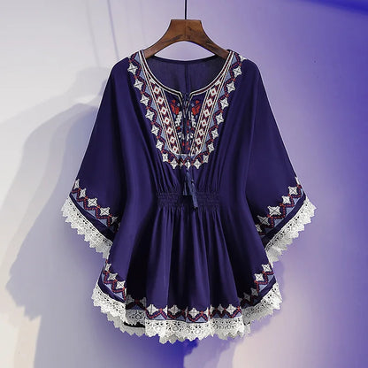 Women's Summer Blouse | Retro Lace Panel Print Design, Chic Medium-Length Loose Fit Top Camille