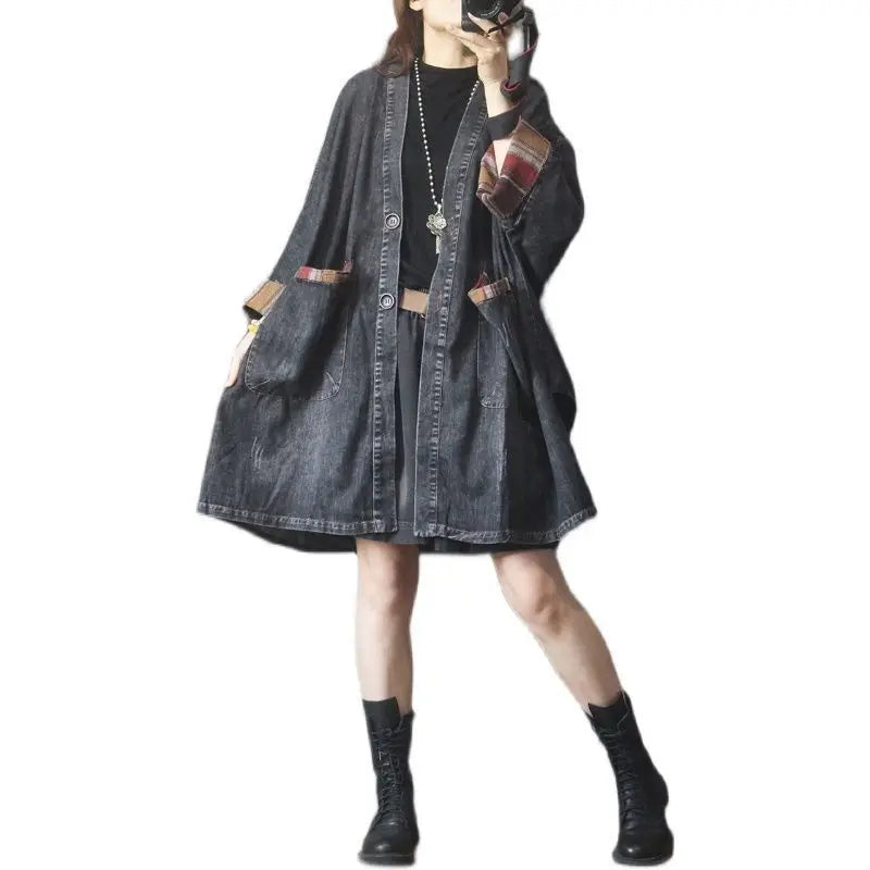 Vintage Casual Loose Denim Women's Coat with Pockets – Mid-Length V-Neck Jacket Maeve