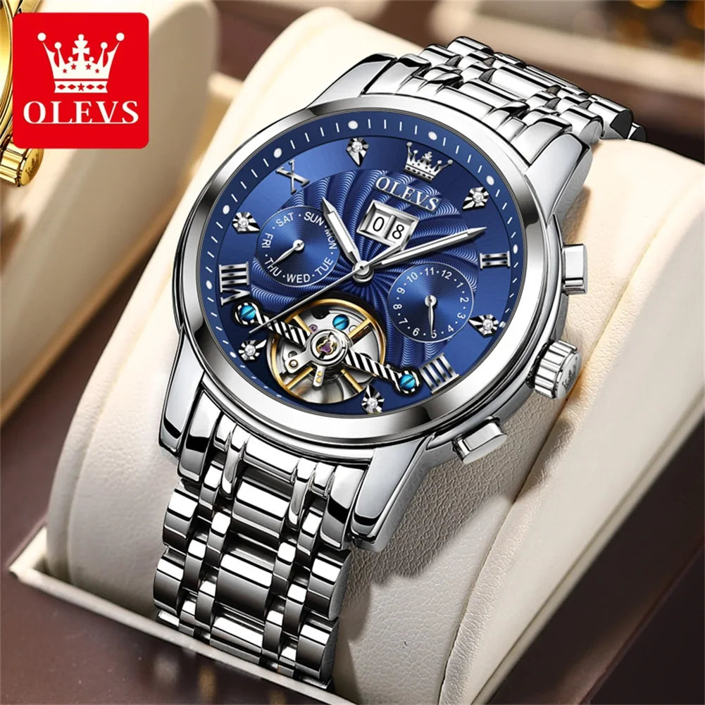 OLEVS 6617 Men's Tourbillon Watch - Classic Business Style, Stainless Steel Band, Skeleton Dial, Automatic Mechanical Wristwatch