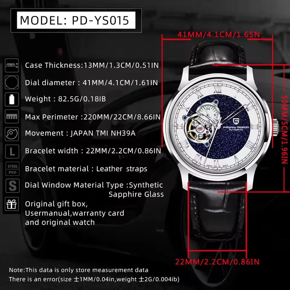 PAGANI DESIGN PD‑YS015 Men’s Automatic Watch – 41mm Fashion Mechanical Wristwatch, Japan NH39 Movement, 10Bar Waterproof, Leather Strap