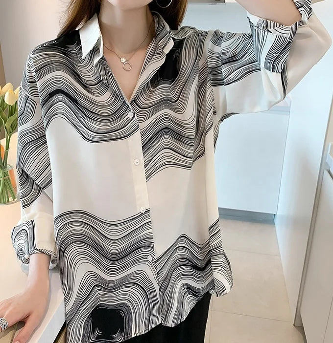 Women's Plus-Size Loose-Fit Printed Long-Sleeve Lapel Shirt – Casual and Stylish New Fashion Linda