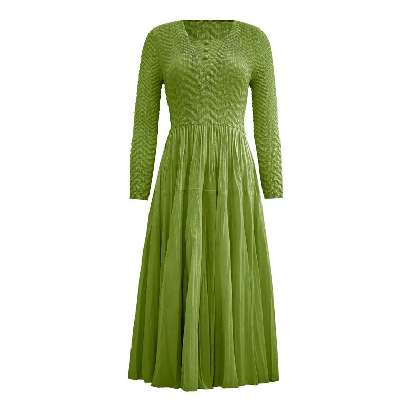 Smocked Dress Casual Slim Fit Long Sleeve Embossed Pleated Elegant Dress