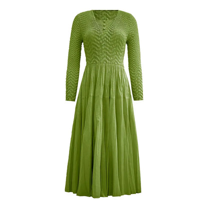 Smocked Dress Casual Slim Fit Long Sleeve Embossed Pleated Elegant Dress