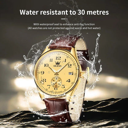 OLEVS 3622 Men's Quartz Watch – Genuine Leather Strap, Luminous Dial, and Date Display Xavier