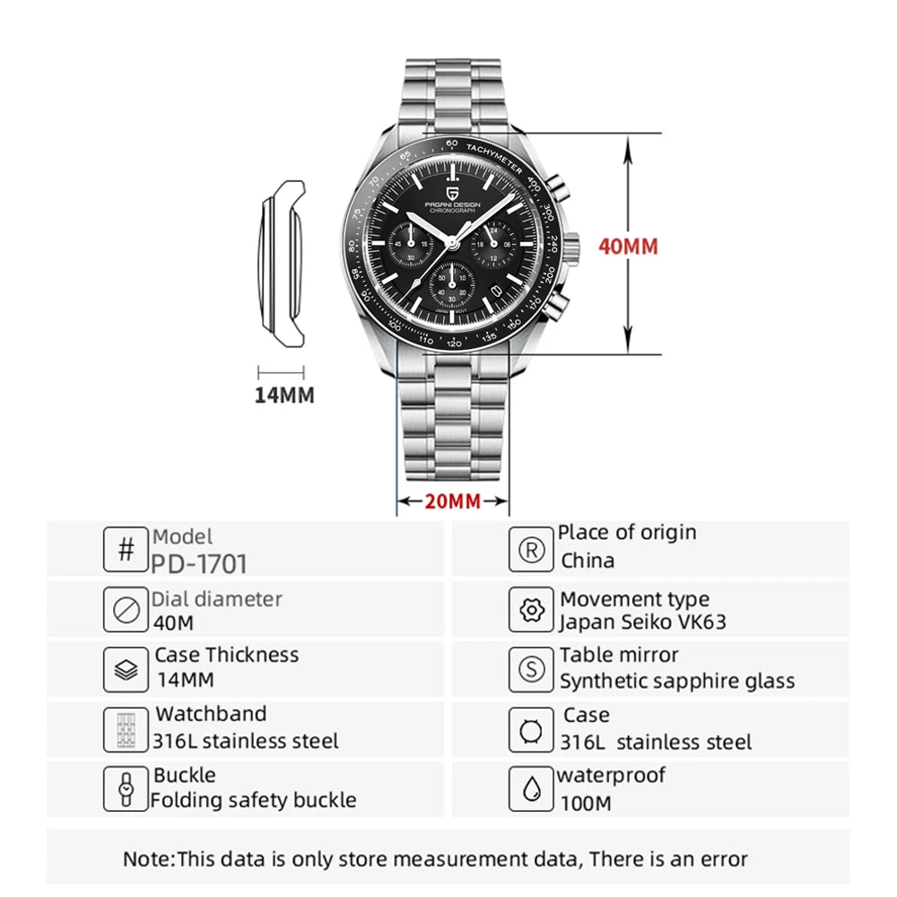 PAGANI DESIGN PD-1701 Men's Chronograph Watch - Multifunction Quartz Sport & Diving Casual Reloj Cuarzo