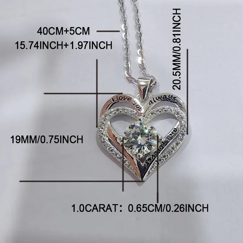 925 Sterling Silver 1 Carat Moissanite Double Love Pendant Necklace – Unique Fashion Jewelry, Perfect Holiday Gift for Girlfriend, Wife, or Mother Simone