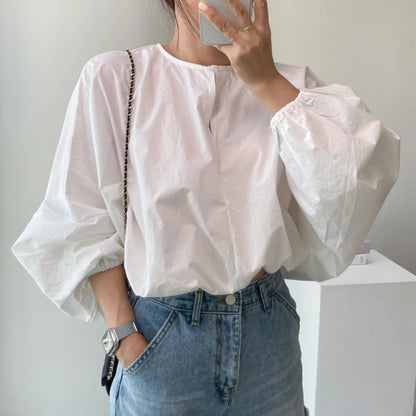 Women's Summer French Style Loose Bubble Sleeve Shirt - Round Neck, Solid Color, Casual Sunscreen Top