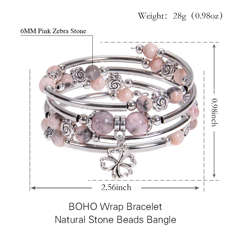 Fashion Multilayer Natural Stone Beaded Bracelet – 6MM/8MM Pink Zebra Stone with Flower Pendant | Handmade Wrap Jewelry for Women Marielle