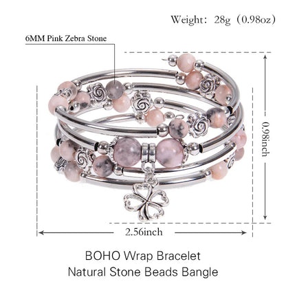 Fashion Multilayer Natural Stone Beaded Bracelet – 6MM/8MM Pink Zebra Stone with Flower Pendant | Handmade Wrap Jewelry for Women Marielle