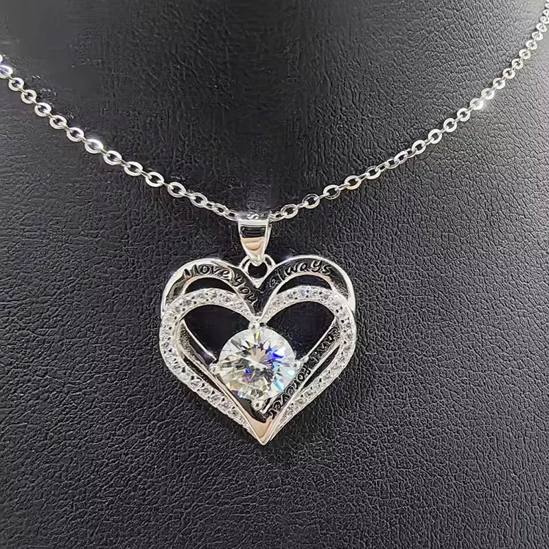 925 Sterling Silver 1 Carat Moissanite Double Love Pendant Necklace – Unique Fashion Jewelry, Perfect Holiday Gift for Girlfriend, Wife, or Mother Simone