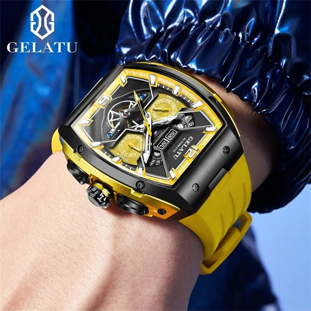 Gelatu 6013 Men's Waterproof Tourbillon Skeleton Automatic Mechanical Watch with Calendar & Luminous Hands
